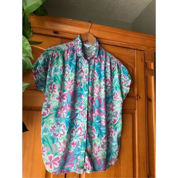 Time & Tru Women's Tropical Linen Blend Rolled Cuff Button Up Shirt SZ S - Picture 3 of 10